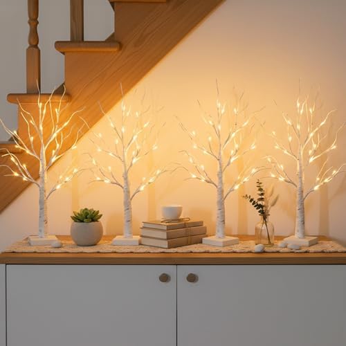 EAMBRITE Home Decorations Light Up White Birch Tree Indoor Christmas Decor, 4 Pack Battery Operated/USB Lighted Tabletop Money Tree Lamp Led Lights Xmas Wedding Centerpiece Table Room (2 Ft)