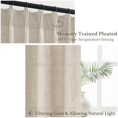 Extra Wide Natural Linen Curtains 84 Inch Length 2 Panels for Bedroom, Elegant Memory Shape Pinch Pleated Sheer Cream