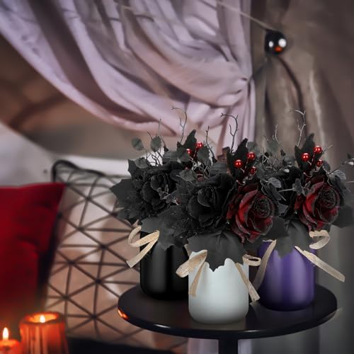 Gejoy 3 Pcs Halloween Table Decor Set Mason Jar with Artificial Flower Black Red Table Centerpieces Faux Flowers with Vases for Halloween Floral Arrangements Home Decorations