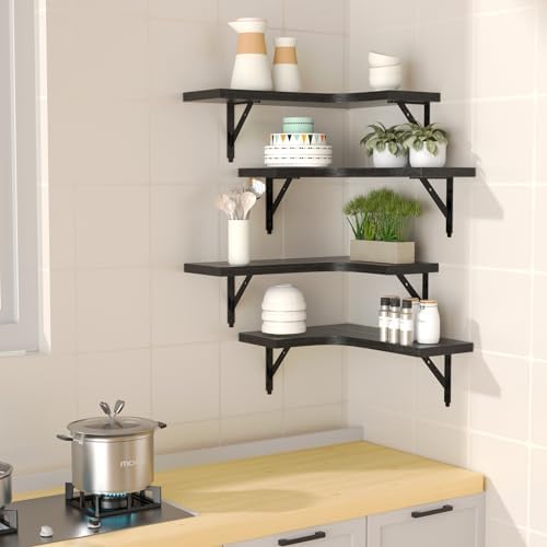ROMGUAR CRAFT Corner Floating Shelves Wall Mounted Set of 4, Black