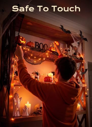 Orange Fairy Lights Plug in, Thanksgiving Fall Decorations, 33FT 100LEDs Halloween String Lights, Waterproof Black Wire Lights for Home Party Ghost Haunted House Indoor Outdoor Halloween Decorations
