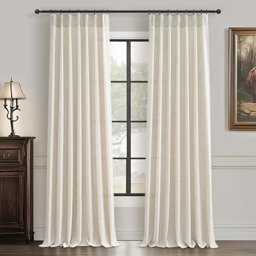 Natural Linen Blend Semi Sheer Curtains 94 Inches Length 2 Panels Set for Nursery Room, Pinch Pleated Light Filtering