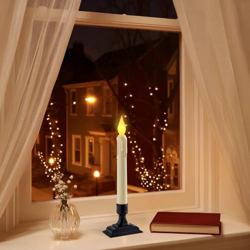 6 Pcs Sensor Dawn to Dusk Window Candles, Flickering Battery Candles for Windows, Ultra Bright Fake Candle Lights with Black Holders, Led Candlesticks for Xmas Home Decor, Warm Yellow Light