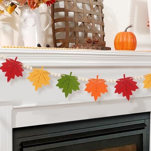 Fall Leaves Garland with Wood Beads Fall Decorations for Home