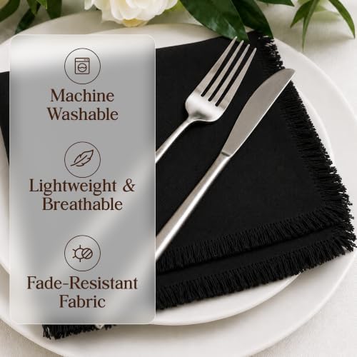 CLOUDLOOM 100% Cotton Fringe Cloth Napkins, Black, Set of 6, 20"x20"