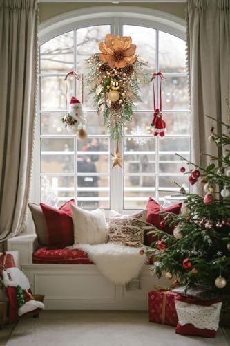 27" Champagne Artificial Christmas Teardrop Swag with Magnolia, Gold Christmas Balls, Berries Leaves Branches Pine Cones Pine Needles for Front Door, Home Window Indoor Outdoor Xmas & Holiday Decor