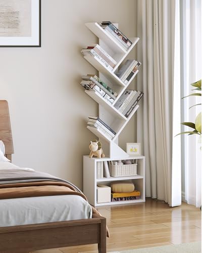 SUNMORY 6 Tier Tree Bookshelf, Tall Small Bookcase with Storage Cabinet