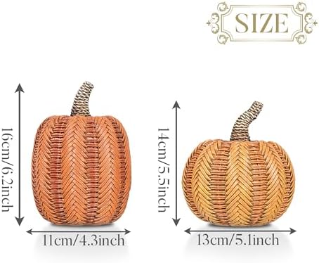 Valery Madelyn Thanksgiving Fall Decoration for Home Pumpkin Decor, 2pcs Resin Statue Artificial Rattan Pumpkins Figurine, Autumn Harvest Halloween Table Centerpieces, 6.2 inch