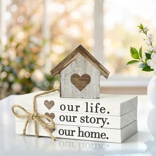 Smile Farmhouse Wooden Tabletop Decor Our Home Our Story Our Famliy Table Centerpiece, Block Sign Tiered Tray Decoration for Kitchen Shelves Desk Mantel