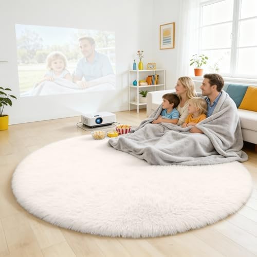 OLANLY Ivory Round Rugs for Bedroom - Machine Washable, 9 ft Circle Area Rugs for Living Room, Soft and Fluffy Shaggy