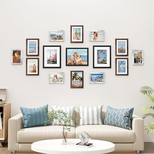 Vittanly 15 Pack Gallery Wall Frame Set, Black, Brown, Distressed White