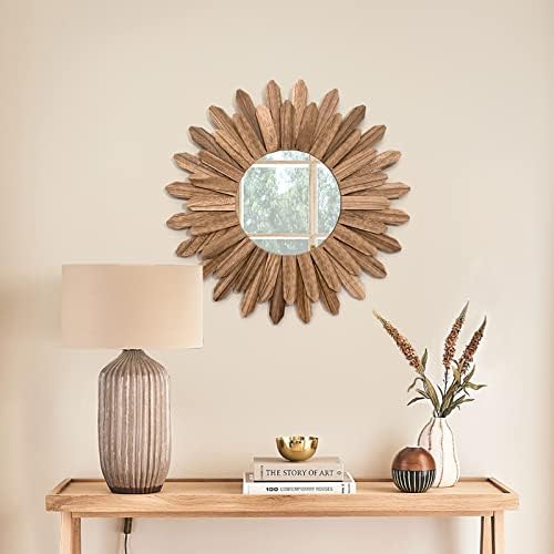 Honiway Mirror Wall Decor 21 inch Rustic Wood Boho Aesthetic Mirror for Room & Home Decor Farmhouse Wall Decor at