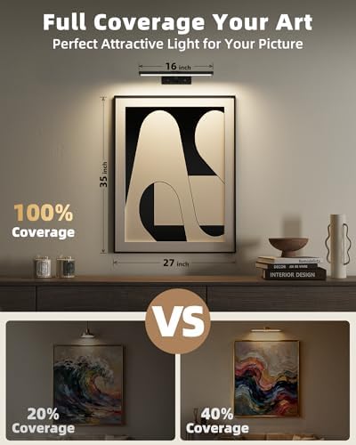 EZVALO Picture Light for Wall, 4800mAh 16'' Rechargeable Wireless IR Remote Built in Battery Lights for Painting