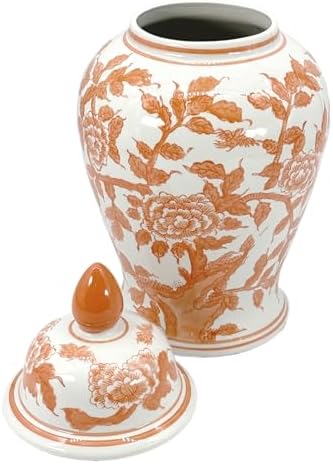 Galt International Orange & White Floral Chinoiserie Ceramic Temple Jar 18" w/Lid - Ginger Jar Home & Kitchen Decor for