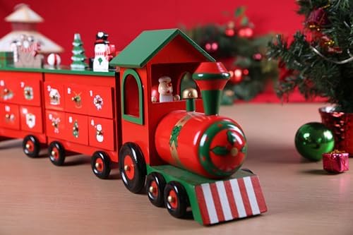 Christmas Wooden Advent Calendar Train with 24 Drawers for Adults Kids Christmas Countdown Decoration (Red&Black&Green Big Train) 24 Inch
