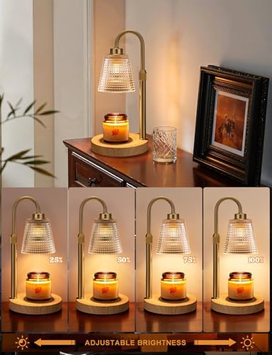 Wood Color& Clear Candle Warmer Lamp with Timer, Dimmable Candle Warmer for Jar Candles, Height Adjustable Wax Melts