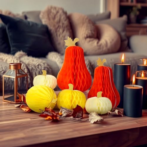 Fourluoo 6 Pcs Fall Pumpkin Table Decor, Pumpkin Honeycomb Centerpiece
