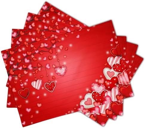 Valentine's Day Placemats Set of 6 18x12 Inch Red Heart Galentines Linen Place Mat Heat-Resistant Washable Wipeable Mothers Day Table Mat for Party Kitchen Dining Home Decor