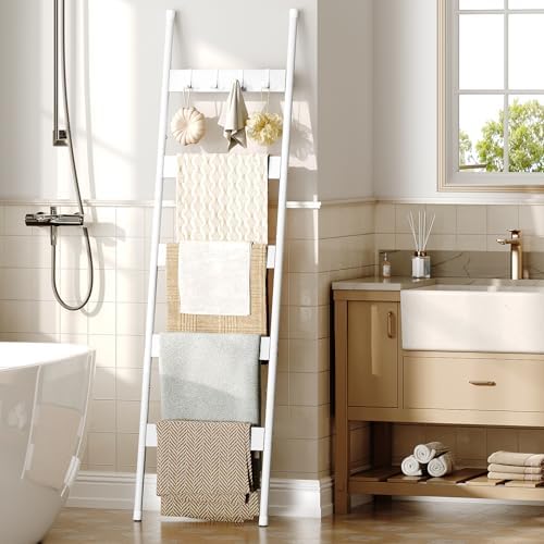 HOOBRO Blanket Ladder, 5-Tier Towel Rack with Hooks, Wall-Leaning Blanket Rack, Decorative Display Ladder Shelf, for
