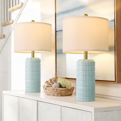 PoKat 23" Light Blue Table Lamps Set of 2, Modern Bedside Lamps for Bedroom, Coastal Ceramic End Table Lamps for Living