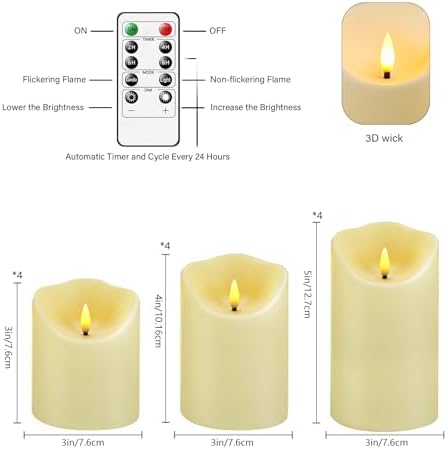kakoya Flameless LED Candles Battery Operated with Remote and Timer,Flickering Electric Fake Plastic Pillar Candles Set of 24(D3 x H 3" 4" 5") Ivory