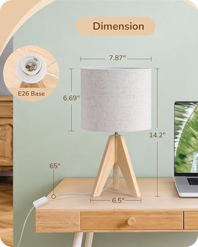 EDISHINE Small Table Lamp, Boho Bedside Lamp, Linen Fabric Shade, 14.2 Inch