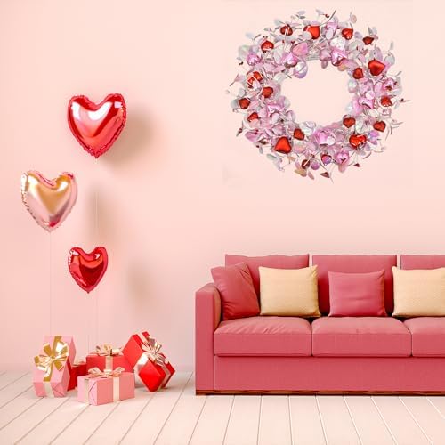 AMF0RESJ Valentine's Day Wreath for Front Door Valentine Wreath with Pink Eucalyptus Leaves,Pink and red Hearts for Indoor Outdoor Wedding Anniversary Party Home Wall Window Festival Decoration