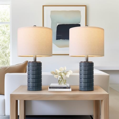 PoKat 20.75" Small Blue Table Lamps, Farmhouse Bedside Lamps for Bedroom Set of 2, Ceramic End Table Lamps for Night