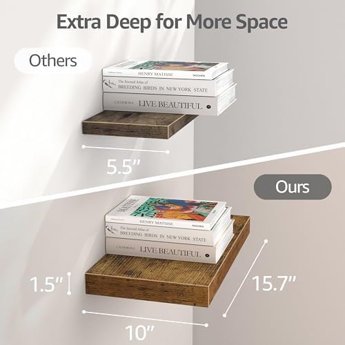 QEEIG 10" Deep Floating Projector Shelves Under TV Shelf (Brown, Set of 3)