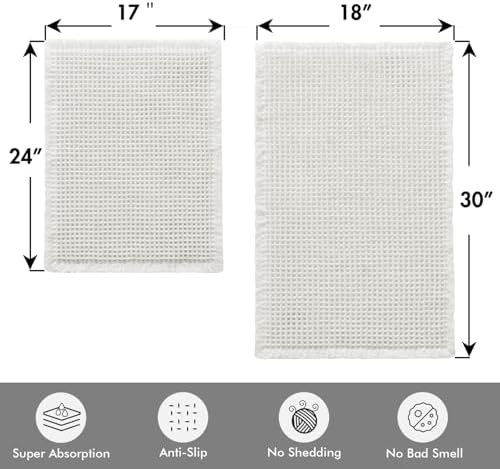 MIULEE Set of 2 Waffle Bathroom Rugs Boho Bath Mat White 17"x24"+18"x30"