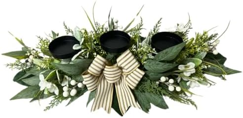 Svndlyn 26 Inch 3 Candle Holder Centerpiece with Greenery and Striped Bow