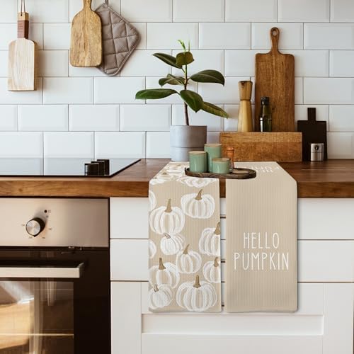 Fall Hello Pumpkin Kitchen Towels and Dishcloths Sets of 2, Fall Beige White Pumpkin Decor Decorations Dish Hand Tea Towels Gifts for Bathroom Kitchen, Autumn Aesthetic Fall Decor, 16x24 Inch