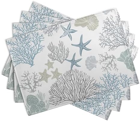 Summer Linen Placemats Set of 4 Nautical Coastal Theme Washable Non-Slip Heat Resistant Table Place Mat 12×18 Inch Ocean Beach Blue Grey Coral Starfish Place Mats for Kitchen Dining Table