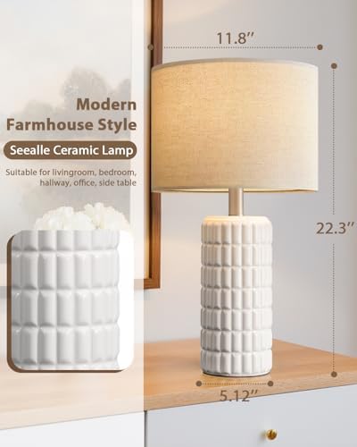 Seealle 23" Single Modern Ceramic Table Lamp, Nightstand Lamp, White