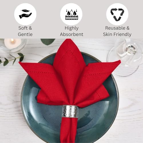 Hemstitch Cloth Dinner Napkins 100% Cotton Set of 12 - for Dining Special Occasions Weddings Parties Holidays Easter - Soft Durable Reusable - Elegant 18x18 Inch Table Cloth Napkins Red