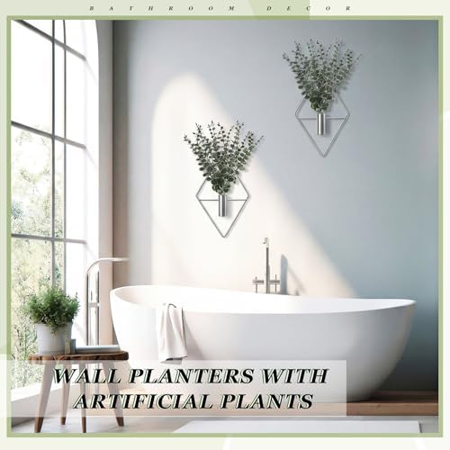 Jexine 2 Pcs Hanging Artificial Planters Wall Decor, Silver, Eucalyptus