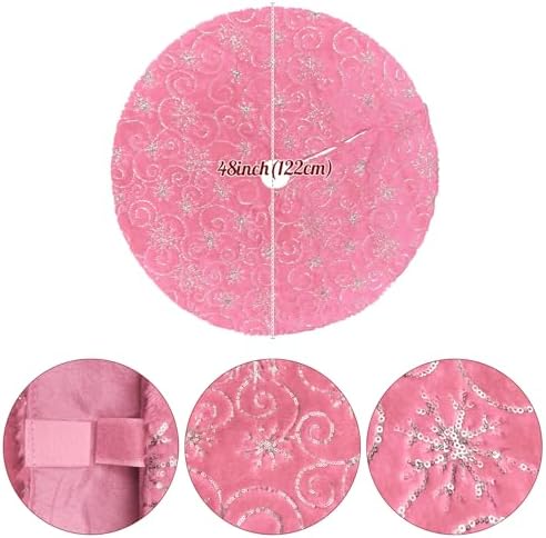 Christmas Tree Skirt Pink 48 inch Silver Christmas Tree Skirt Snowflakes Faux Fur for Xmas Holiday Home Party Decorations