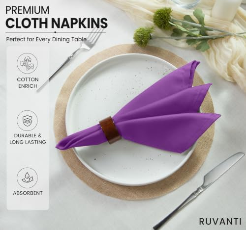 Ruvanti Cloth Napkins Set of 6, Cotton Enrich 18”x18” - Purple