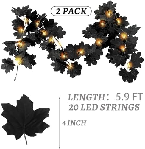 2 Pcs Black Leaf Garland with Yellow Lights, 11.8FT