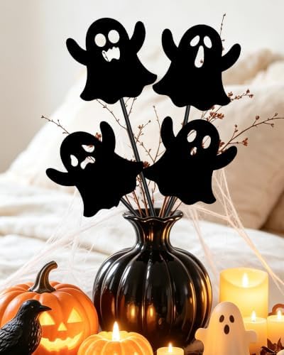 4 Pcs Ghosts Halloween Decorative Garden Stakes for Flower Planter Pot Outdoor Metal Yard Sign Day of The Dead Decorations Patio Lawn Decor
