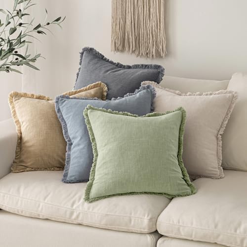 MIULEE Boho Linen Fringe Decorative Throw Pillow Covers Sage Green 20x20