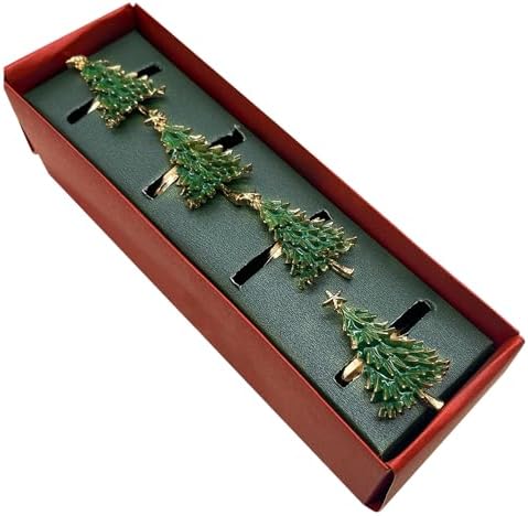 Christmas Tree Napkin Rings Set of 4, Gold Alloy Napkin Holders with Star Topper, Green Enamel Holiday Napkin Rings for Christmas Table Decor, Dinner Party Table Setting Accessories