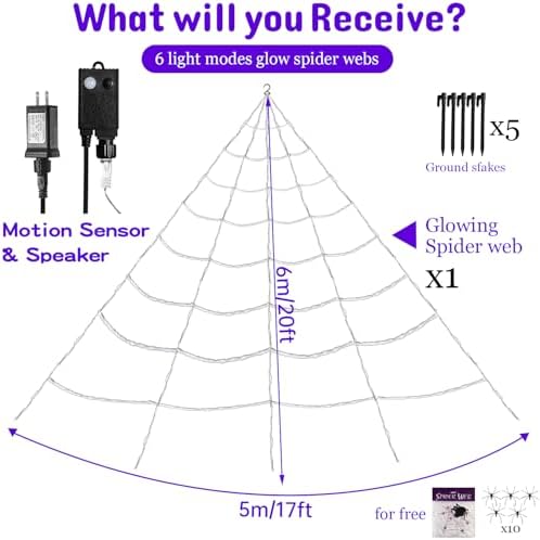 [Motion Activated Lighting&Speaking] 20 * 17FT Halloween Spider Web 150 Led Purple&Orange Lights Light Up Lighted Triangular Giant Waterproof with 200sqft Cobweb for Outdoor Decor Yard Decoration