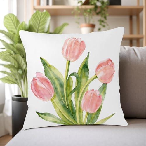 Spring Floral Pillow Covers 16x16 Set of 2 Pink Tulip Throw Pillow Covers Summer Flower Farmhouse Decorative Throw Pillows for Home Couch Sofa Bed Decor
