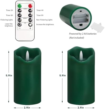 Green Flameless Candles Set of 2, Christmas Candles with Remote & Timer