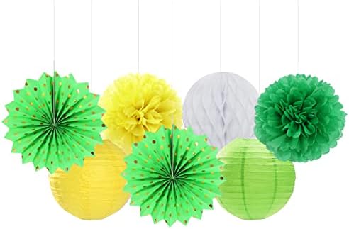 Yellow-White Green Party-Decorations Streamers-Lanterns - 14pcs Spring Summer Garden Tea Paper Fan,Birthday Baby Bridal Shower Wedding Tissue Pom Poms,Classroom Honeycomb Balls Decor Lasting Surprise