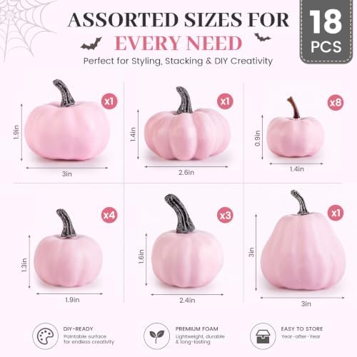 DomeStar 18 PCS Assorted Pink Foam Pumpkins for Decoration, Pink Pumpkins