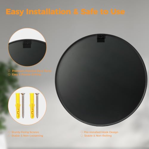 28 Inch Black Round Bathroom Wall Mirror, Round Mirrors for Wall Decor, Circle Mirror for with HD Shatter-Proof Glass