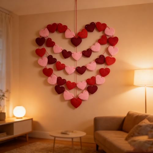 Valentines Day Decorations - Red Felt Heart Garland Hanging String - Ready-to-Use Romantic Valentines Day Decor for Home, Office, Wedding, Anniversary, Birthday Party - No DIY (Red)
