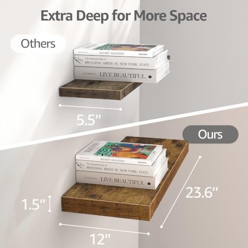 QEEIG 12" Deep Floating Shelves for Wall (Brown, Set of 3, 23.6" x 12")